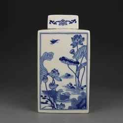 Kangxi Blue And White Flowers And Birds Square Jar Antique Ceramic Collection Ornaments