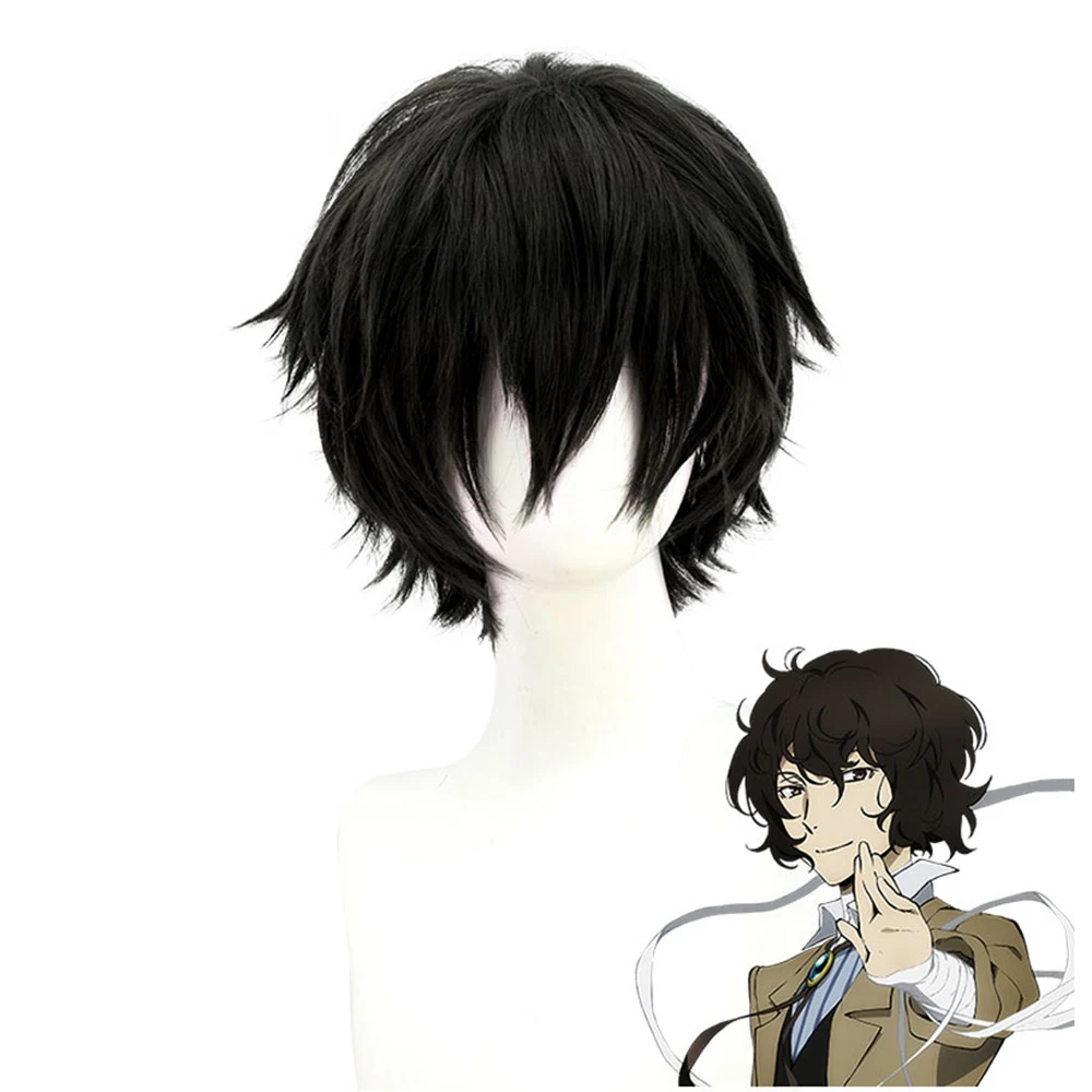 HSIU-peluca Dazai Osamu Anime Bungo Stray Dogs, pelo corto negro, fibra sintética, gorra de Peluca de marca gratis