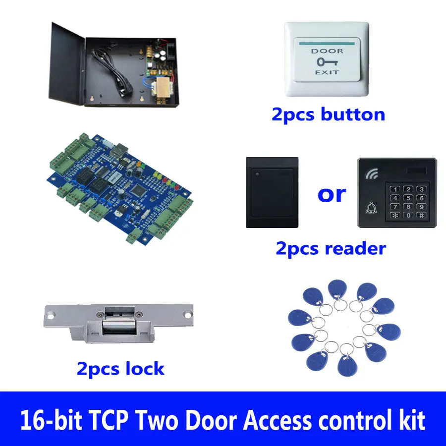 

RFID-карта доступа к двери, TCP Two Door Access Control + Powercase + Strike Lock + ID Reader + кнопка выхода + 10 идентификационных бирок, Sn:Kit-B201