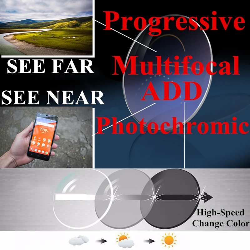 MR-8 4 Times Hardness 1.56 1.61 1.67 Photochromic Progressive Multifocal Reading Glasses Lenses See Far and Near Colored Lenses