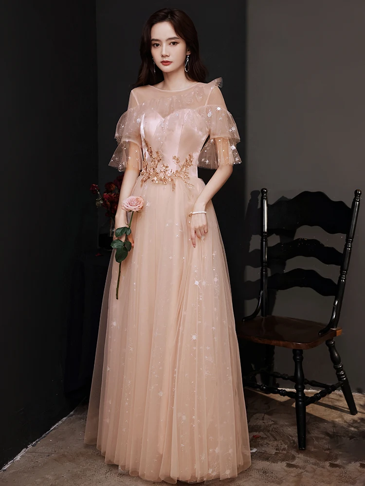 Appliques Banquet Evening Dress Tulle O-Neck A-Line Slim Women Bridesmaid Dress Retro Bandage Floor Length Performance Gown