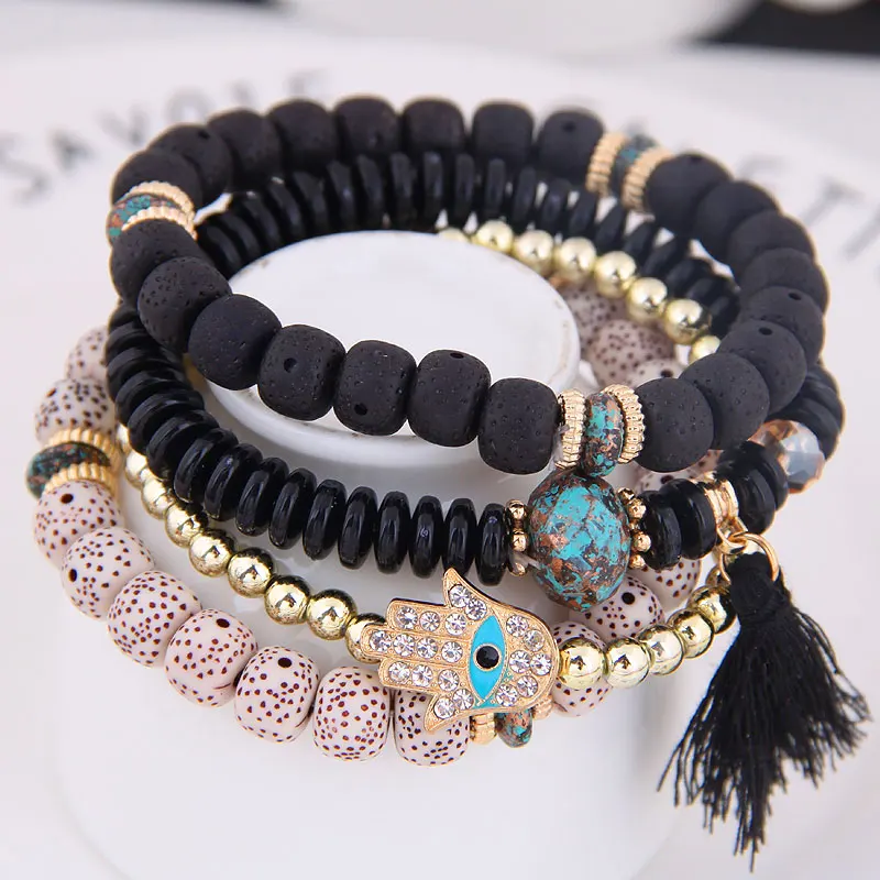 4pcs Boho Hand And Eyes Pendant Charm Natural Beads Bracelets Set Women Lava Stone Wristband Bracelet Bangles Factory price