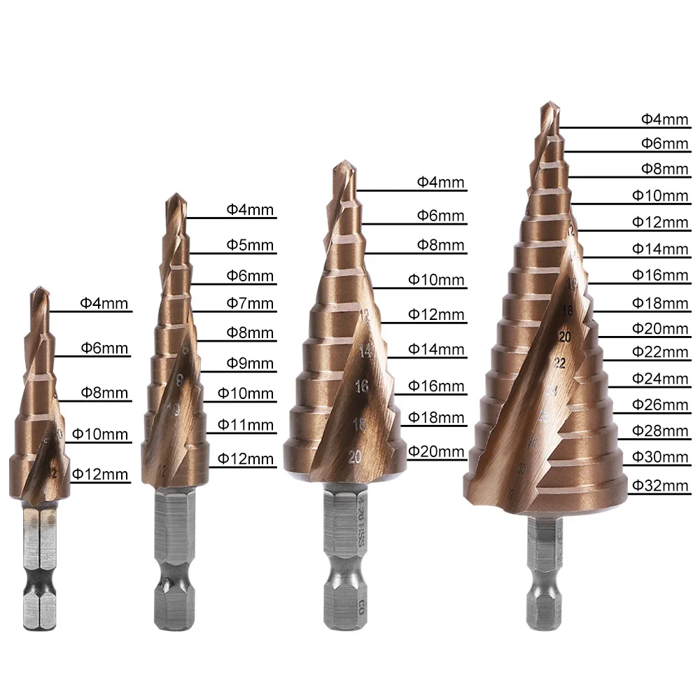 M35 Cobalt Step Drill 4-12/4-20/4-32mm High Speed Steel Drill Bits Spiral Groove hex Shank Stainless Steel Hole Metal Drilling