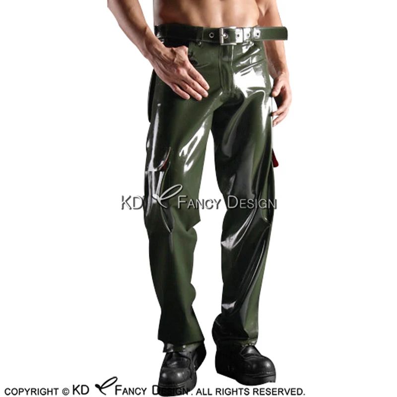 Olive Green And Red Trims Sexy Latex Cargo Pants With Pockets Long Rubber Trousers Bottoms CK-0069