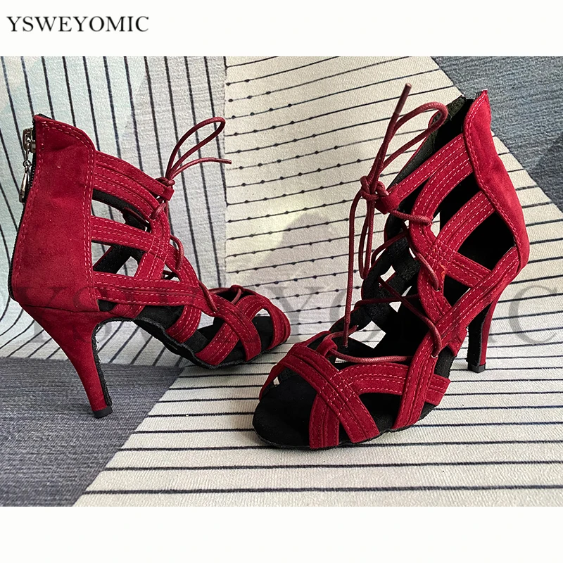Damen Latin Dance Schuhe Rot Flanell 8,5 cm Spike Ferse Auf Bild Super Weiche Mode Stil Salsa Schuhe Für Frauen latin Dance Schuh