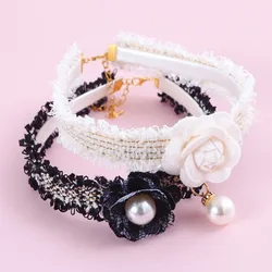 Pet Collar Cat Dog Pearl Necklace Black and White Lace Collar Puppy Wedding Dress Collar Small Dog Safe Leash Accessories