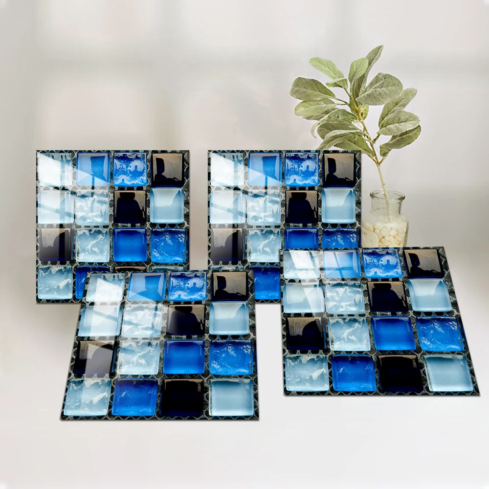 10pcs/set Blue Flat Mosaic Crystal Hard Film Tiles Sticker Living Room Decor Wall Stickers Peel & Stick Removable PVC Wallpaper