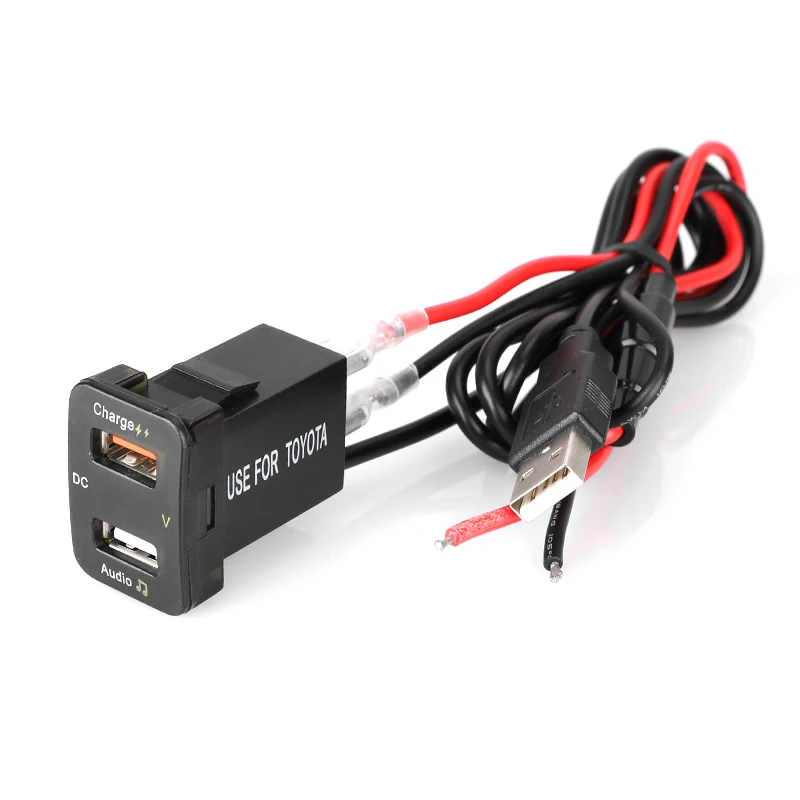 QC3.0 18W Quick Charge Dual Port USB Car Charger with Audio Socket for Toyota Series Voltmeter USB Adapter Charging for Mobile