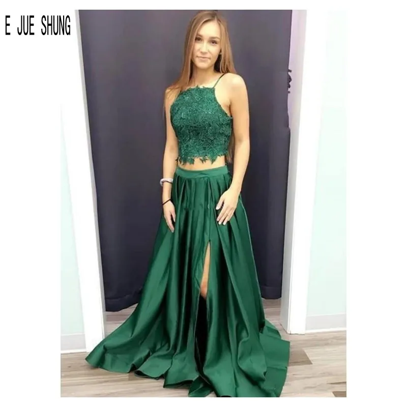 E JUE SHUNG Dark Green Satin Evening Dresses Halter Neck High Split Appliques Two Pieces Prom Gowns Backless Vestido De Festa