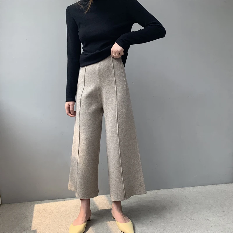 2020 Autumn Winter Thicken Wide Leg Pants Women Solid High Waist Wool Knitted Pants Casual Loose Trousers Female Pantalon Femme