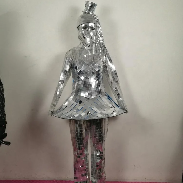 Women singer stage show wear Silver Mirror dress mirror men robot dance costume sparkly dj gogo costumes