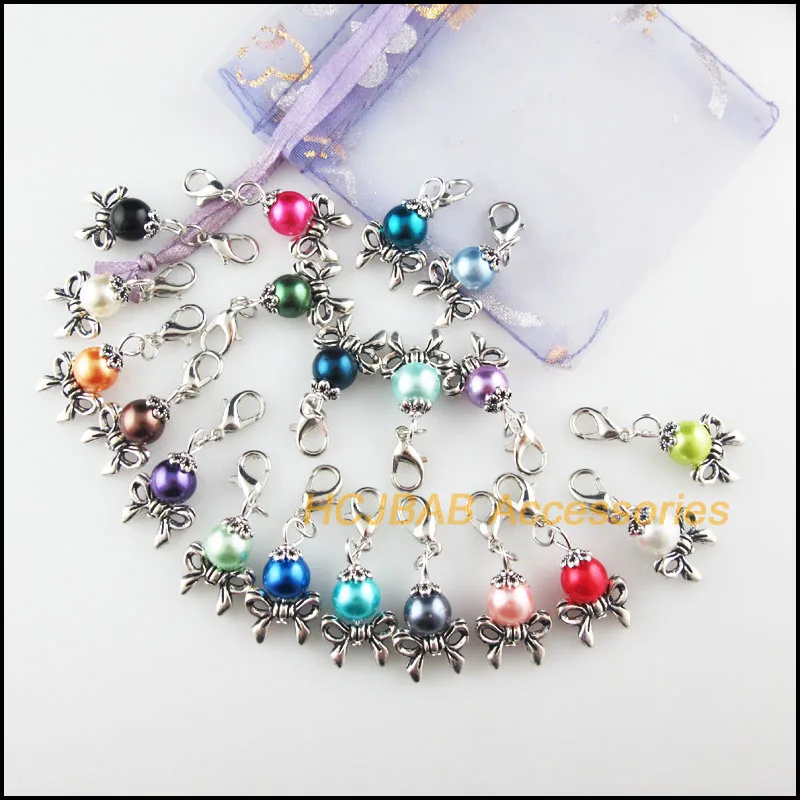 20Pcs Tibetan Silver Tone Knot Retro Mixed Ball Glass 14x23mm With Lobster Claw Clasps Charms