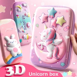 Rosa Unicórnio 3D Lápis Caso, Caixa De Armazenamento EVA, Lovely Cartoon Pen Bag para Menina da Escola, Kawaii Papelaria Pouch, Borracha Titular, Presente