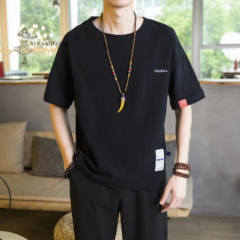 

New Japanese Kimonos T-shirt Short-Sleeved Embroidered Harajuku Yukata Japan Summer Male Linen Men Shirts Trousers Asian Costume