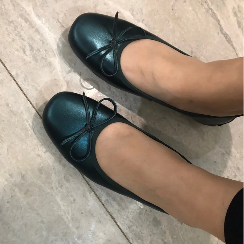 Genuine Leather Women Ballet Flats Soft Comfort Flat Loafers Shallow Mouth Bow Single Shoes Women Slip On Casual Flat Ballerinas