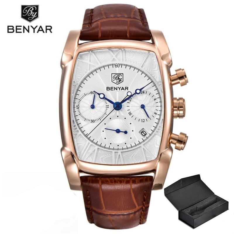 BENYAR-reloj analógico con correa de cuero para hombre, accesorio de pulsera de cuarzo resistente al agua con cronógrafo, complemento Masculino