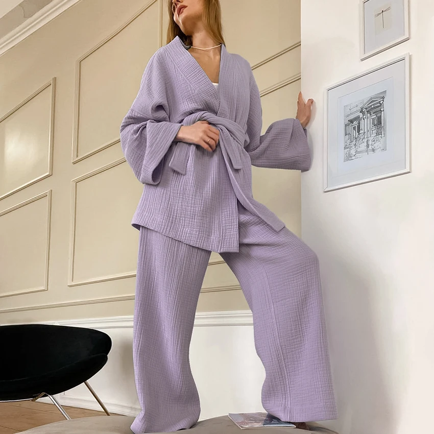 Hiloc Cotton Sleepwear Women Pajama Robe Sets Flare Sleeve Nightgown Set Woman 2 Pieces Robes Woman Lace Up Casual Trouser Suits