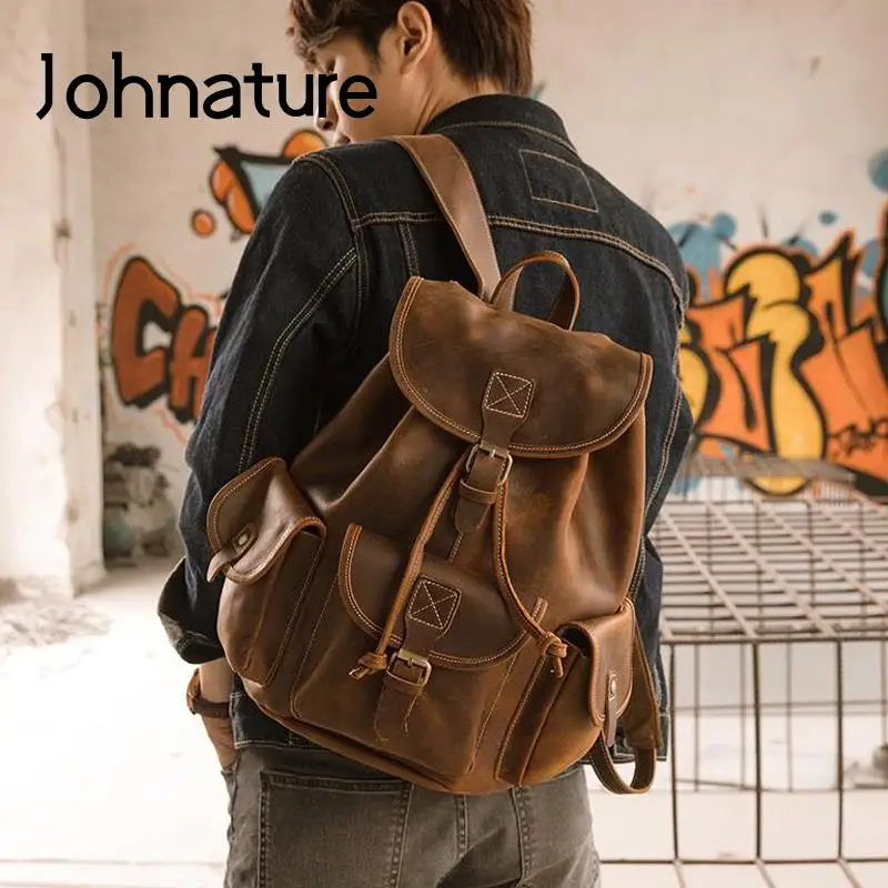 Imagem -02 - Johnature-mochila de Couro Vintage para Homens Bolsa de Viagem ao ar Livre Mochila de Couro de Lazer Grande Capacidade Nova Moda 2024