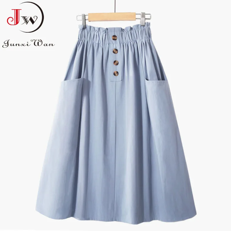 Women Summer Skirt Spring Korean Style Casual Solid High Waist  A-Line Midi Skirts With Pocket Girls Elegant Faldas