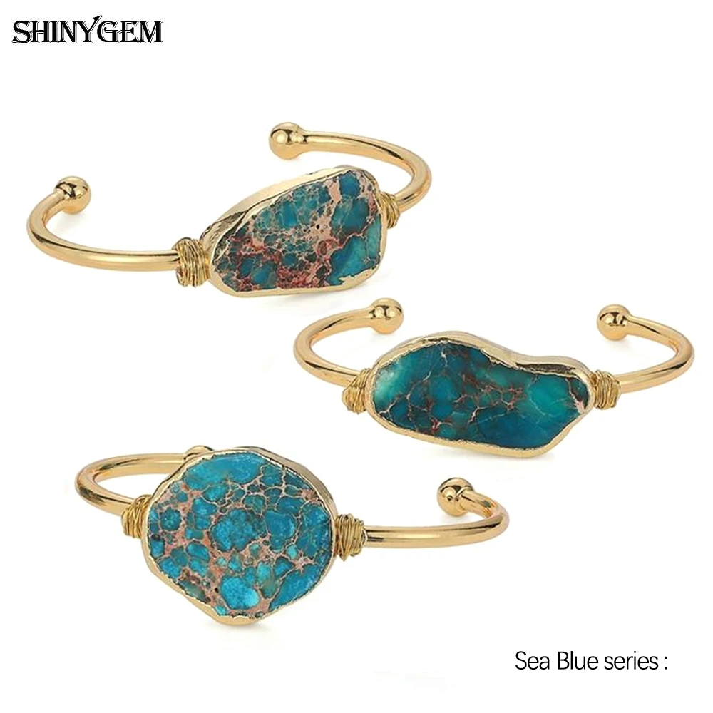 

ShinyGem 5 шт. винтажный необычный браслет с натуральным морским осадочным камнем, позолоченный ободок, открытые браслеты на запястье для женщин
