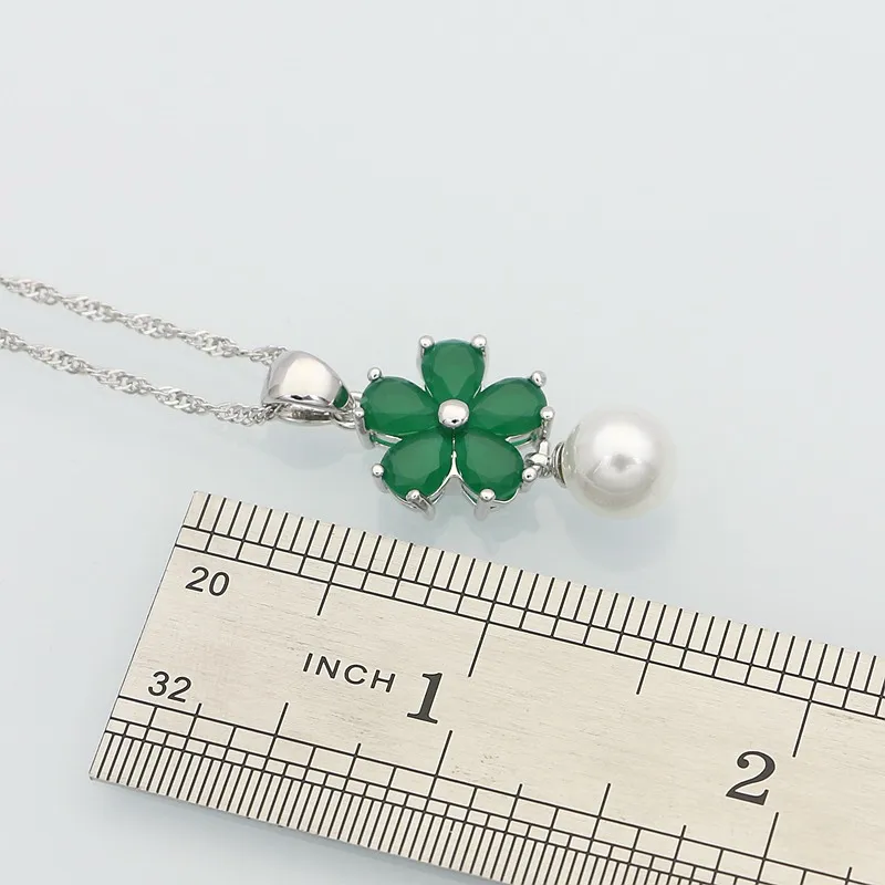 925 Sterling Silver Jewelry Green Created Emerald White Pearls Jewelry Sets For Women Anniversary Earrings/Pendant/Necklace/Ring