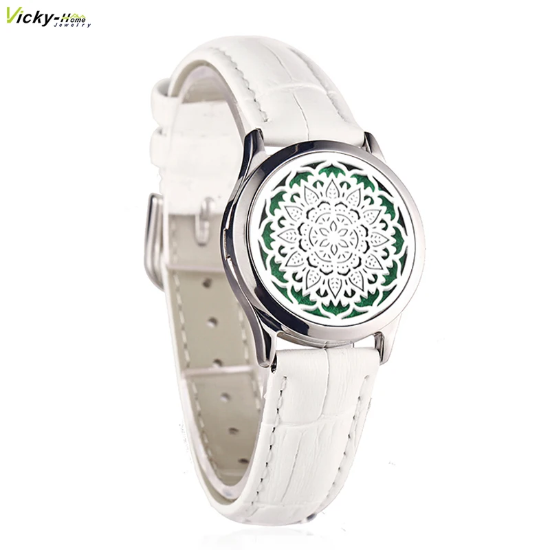 

White Leather Bracelet Watch Locket Crystal Stainless Steel Men Woman Bangle Essential Oil Aroma Diffuser Locket Bracelet