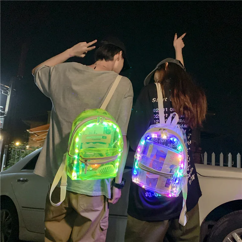 Jelly Women\'s Bag Water-Proof Lamp Led Luminous Transparent Backpack Electric Syllable Beach Plastic Couple Schoolbag