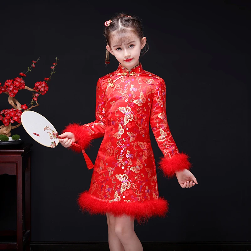 

Red Girl Silky Satin Cheongsam Princess Dress for Wedding party Kids Winter Thick Quilted Birthday Dresses New Year Clothing