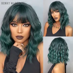 HENRY MARGU Cosplay Lolita Short Wavy Bob Wigs with Bangs Green Synthetic Wigs for Women Natural Heat Resistant Christmas Wigs