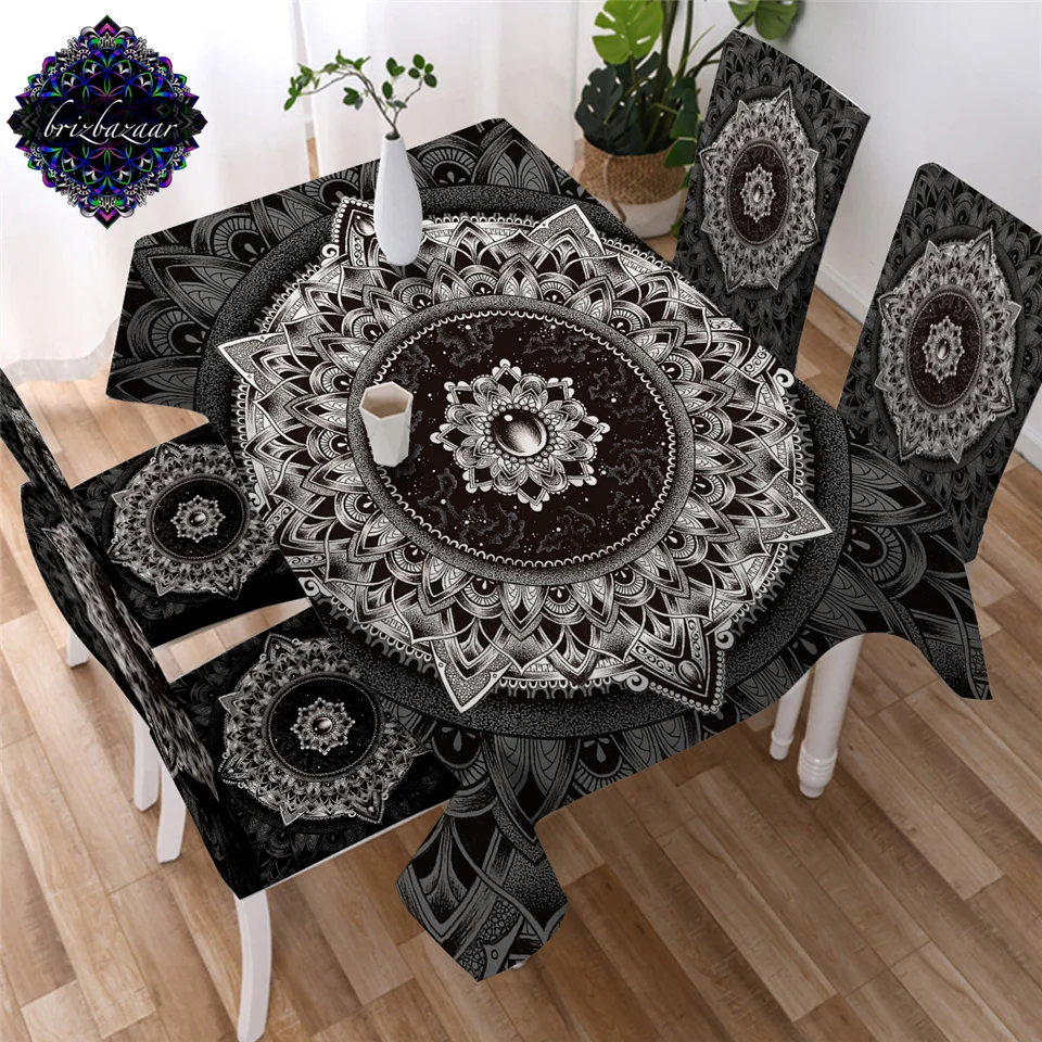 

Mandala by Brizbazaar Tablecloth Black White Flower Waterproof Kitchen Table Cloth Mysterious Universe Gemstone Table Cover