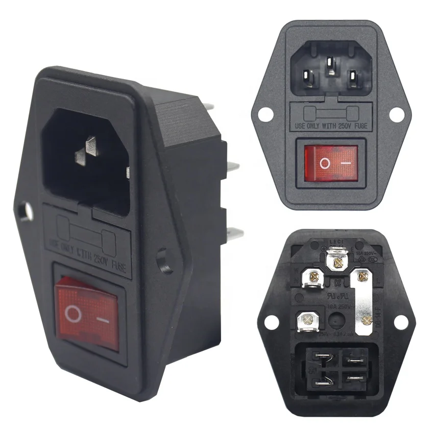 IEC320 C14 Electrical AC Socket 4 pin red LED 250V Rocker Switch 10A fuse female male inlet plug connector mount