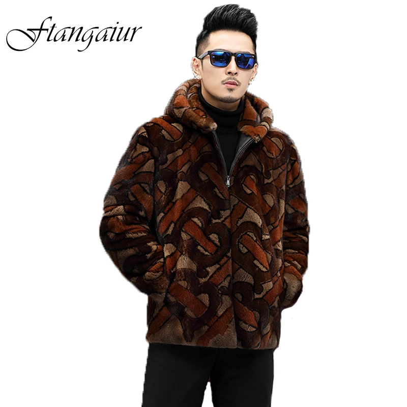 

Ftangaiur New Winter Fashion Men Import Mink Fur Coat Print With Fur Hood Mink Coats Men's Smart Causal Real Mink Fur Coats