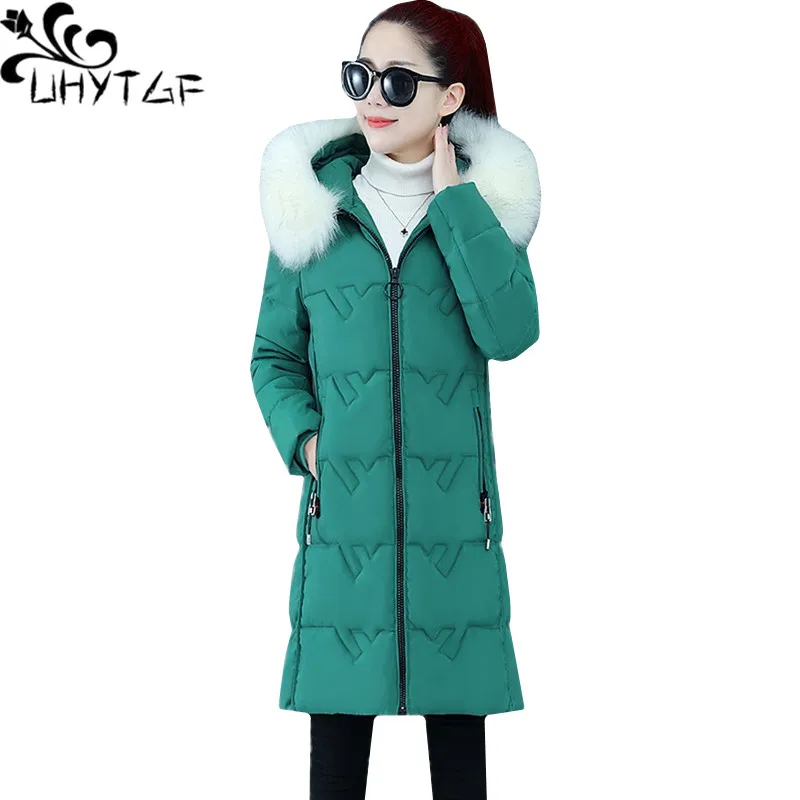 

UHYTGF 2023 Down Cotton Autumn Winter Jacket Women Fashion Fur Collar Hooded Thick Warm Coat Loose Large Size Parker Female 1246