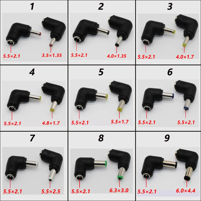 DC Connector 5.5 x 2.1MM Female Power Adapter to 3.0×1.35，4.0×1.35，4.0×1.7， 5.5×2.1，5.5×2.5，6.3×3.0，6.0×4.4MM Male 90 Degree .