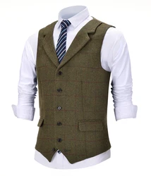 Men's Vintage Plaid Vest Wool Tweed Suit Vest Notch Lapel Waistcoat Groomsmen For Wedding