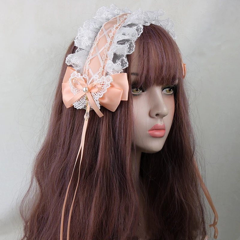 ญี่ปุ่น Crisscross ริบบิ้นลูกปัดหวาน Lolita Bowknot Headdress Headdress Headpiece Headband ผู้หญิงหญิงอะนิเมะอุปกรณ์เสริม