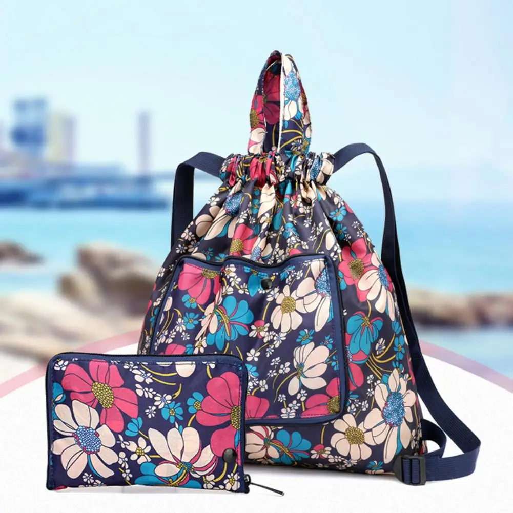 Foldable Flower Print Nylon Drawstring Waterproof Large Capacity Backpack Handbag for Shopping