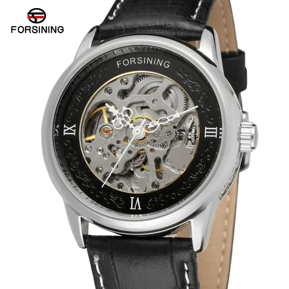 FORSINING Simple and stylish men's and women's watches with black dial and silver watch case automatic mechanical wrist watches