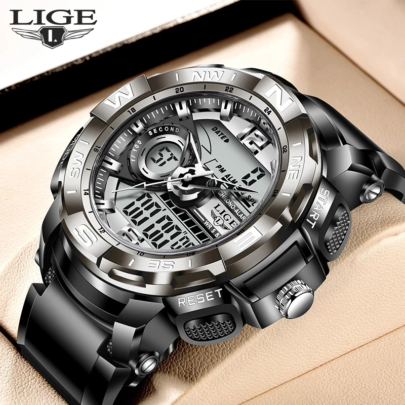 

2023 LIGE Sport Men Quartz Digital Watch Creative Diving Watches Men Waterproof Alarm Watch Dual Display Clock Relogio Masculino