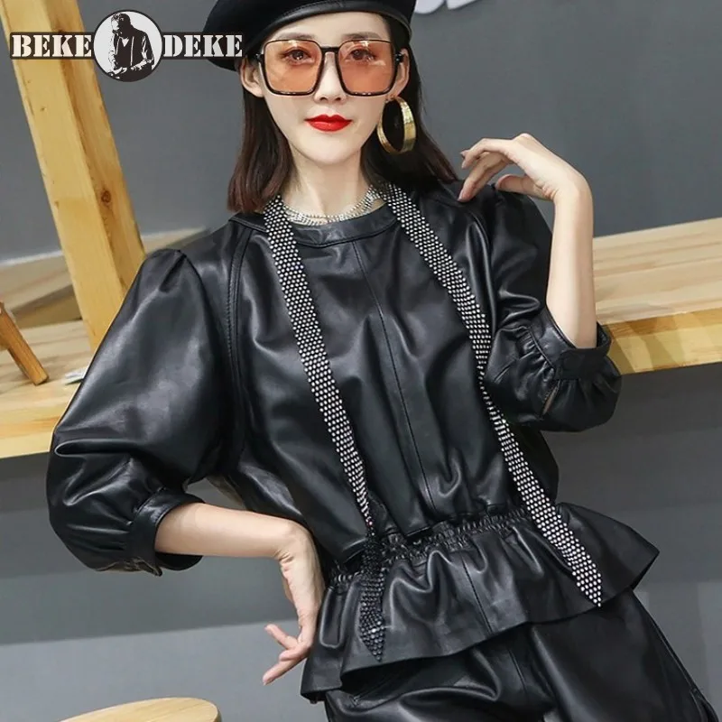 Elegant Sheepskin Real Leather Jacket Office Ladies Spring O Neck Half Sleeve Sexy Backless Fashion Elastic Waist Women Outwear