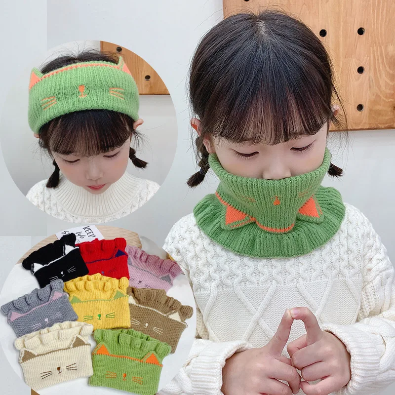 Color Blocking Knitted Wool Children's Scarf Cartoon Wood Ears Neck Protection Collar Winter Boys Girls Warm Elastic Bib  P08