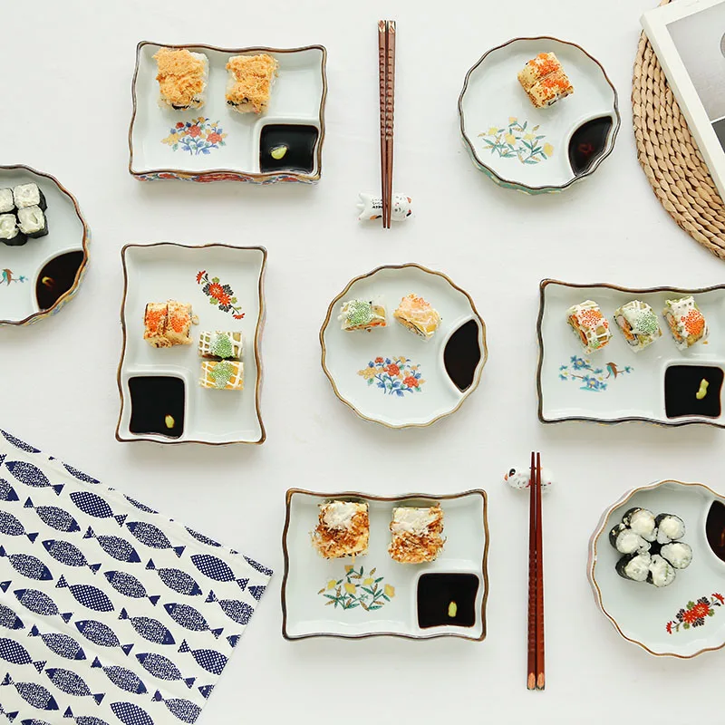 

Japanese ceramic underglaze color round square dumplings sushi with soy sauce and vinegar plate hotel tableware snack plate