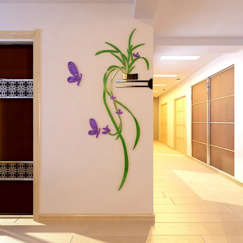Orchid Acrylic Mirror Wall Stickers, Living Room, Sofa, TV, Flower, Self Adhesive, Home Decor