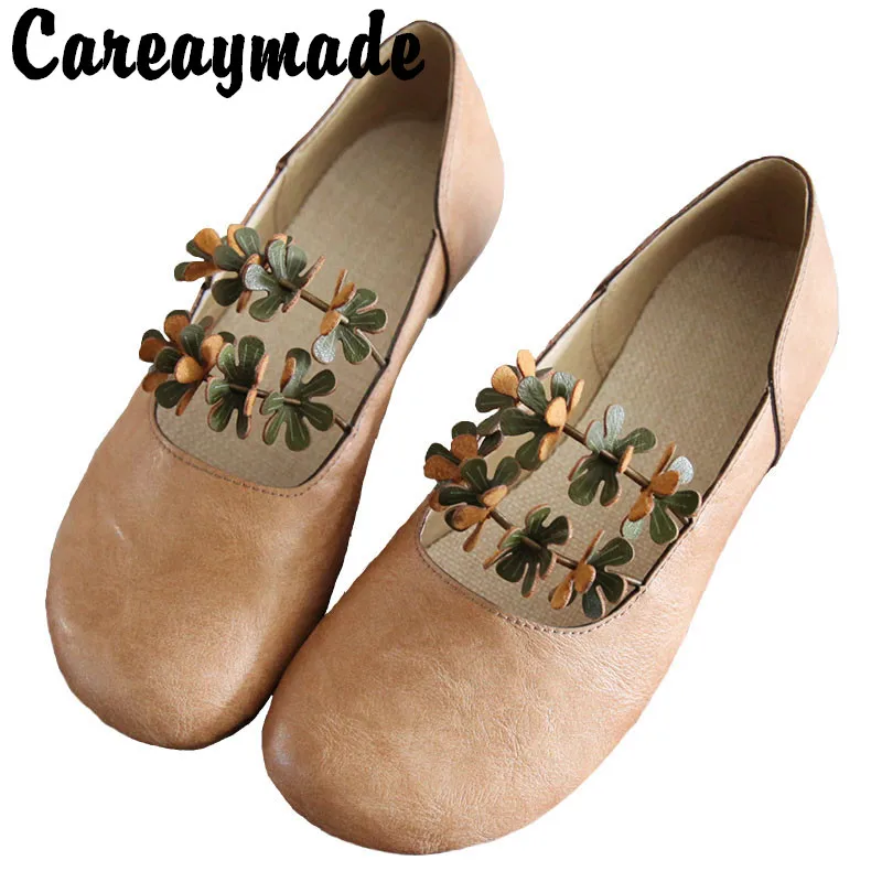 Careaymade-Retro flower petal round head shallow mouth single shoes fairy cotton hemp wind bean bottom lazy granny flat shoes