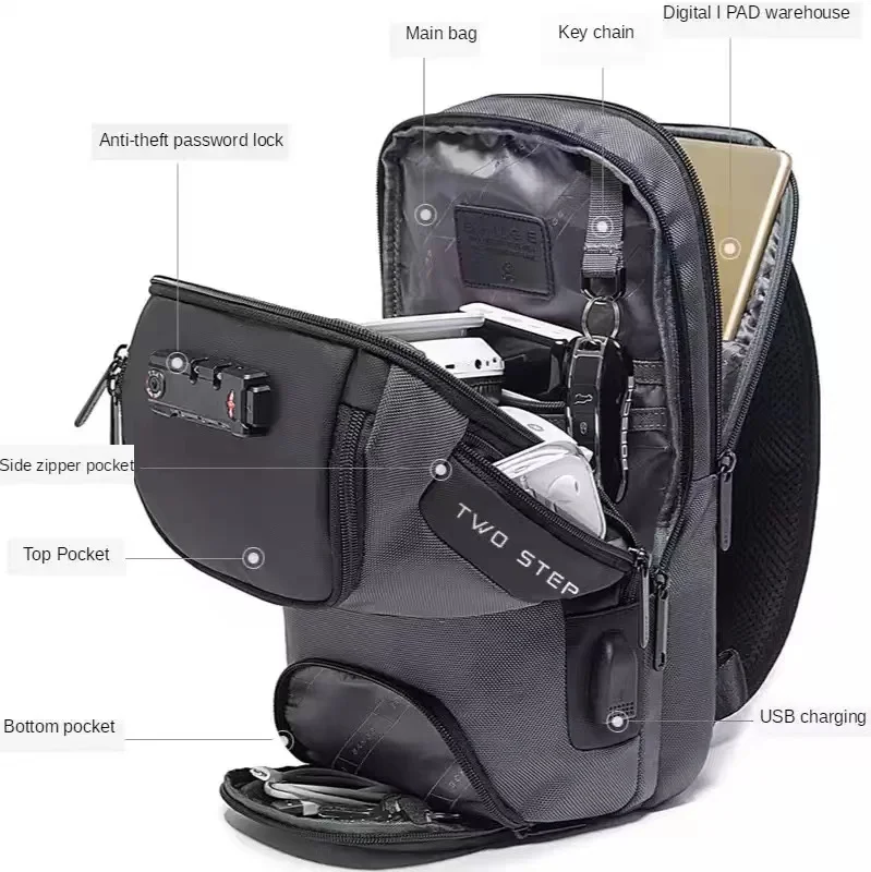 BANGE – sac à bandoulière multifonctionnel Oxford pour hommes, sacs à épaule antivol pour court voyage, sacoche de poitrine chargeur USB