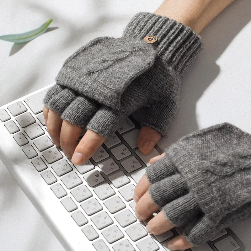 

Wool Knitted Fingerless Flip Gloves Without Fingers Winter Warm Finger Free Touchscreen Glove Men Women Work Mittens Gloves