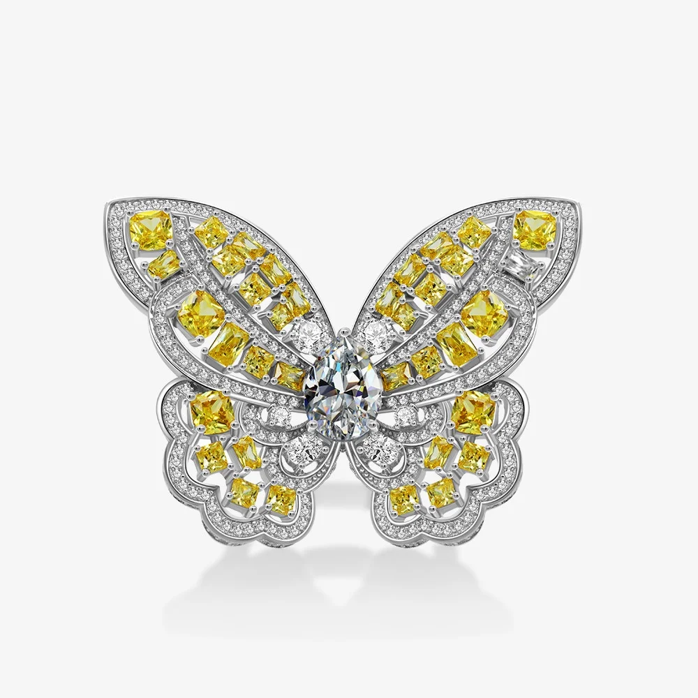 Luxury full Sparking Zircon Yellow butterfly finger rings for women Top qualiy 925 Sterling Silver Wedding Party jewelry