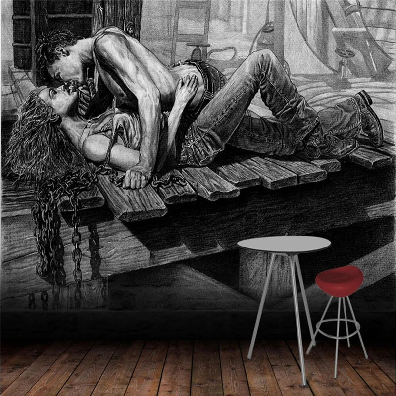 

wellyu Custom large-scale mural HD hand-painted black and white art kiss living room bedroom background wallpaper