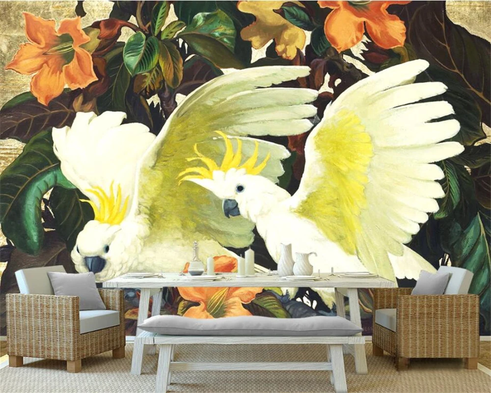 

wellyu Custom Wallpaper Birds Flower Parrot Oil Painting Backdrop House Decorative Mural Living Room Bedroom 3d wallpaper