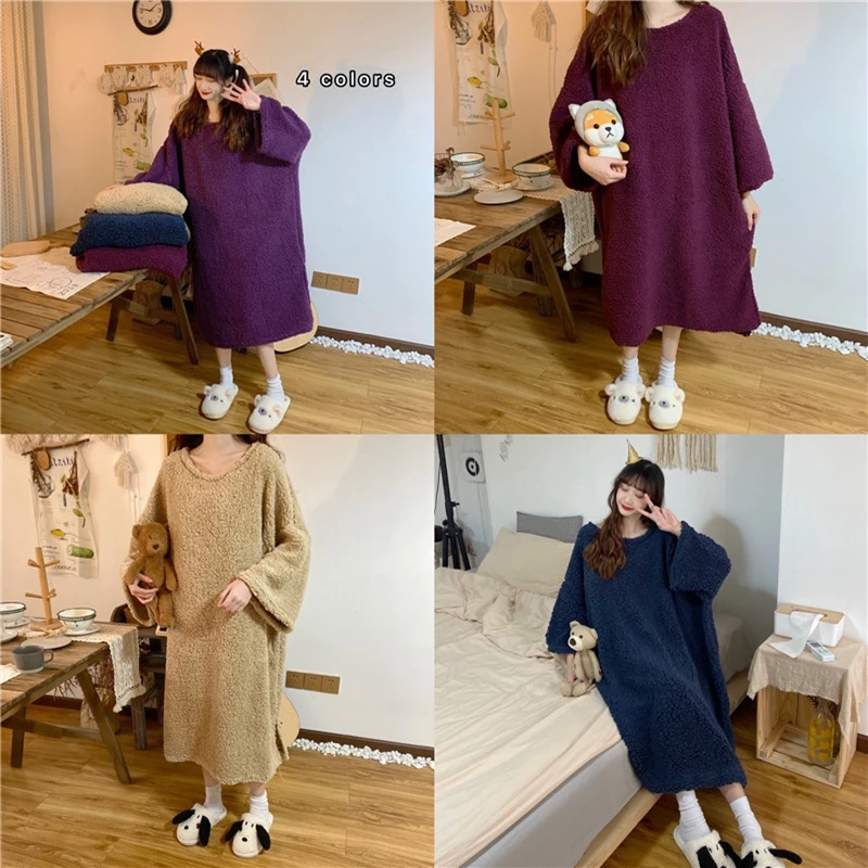 

Night skirt autumn winter nightwear Japanese Korean style sleepwear women thick loose casual home wear soft bathrobe kimono robe